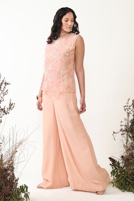 Chambray & CO. Beige Organza, Silk Embroidery Boat Neck, High Gaia Jumpsuit With Thread Jacket Online at Aza Fashions Chambray & CO._Beige Organza, Silk Embroidery Boat Neck, High Gaia Jumpsuit With Thread Jacket _Online_at_Aza_Fashions