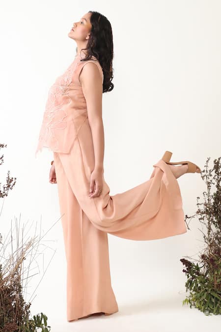 Buy Chambray & CO. Beige Organza, Silk Embroidery Boat Neck, High Gaia Jumpsuit With Thread Jacket Online at Aza Fashions Buy_Chambray & CO._Beige Organza, Silk Embroidery Boat Neck, High Gaia Jumpsuit With Thread Jacket _Online_at_Aza_Fashions