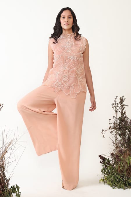 Shop Chambray & CO. Beige Organza, Silk Embroidery Boat Neck, High Gaia Jumpsuit With Thread Jacket Online at Aza Fashions Shop_Chambray & CO._Beige Organza, Silk Embroidery Boat Neck, High Gaia Jumpsuit With Thread Jacket _Online_at_Aza_Fashions