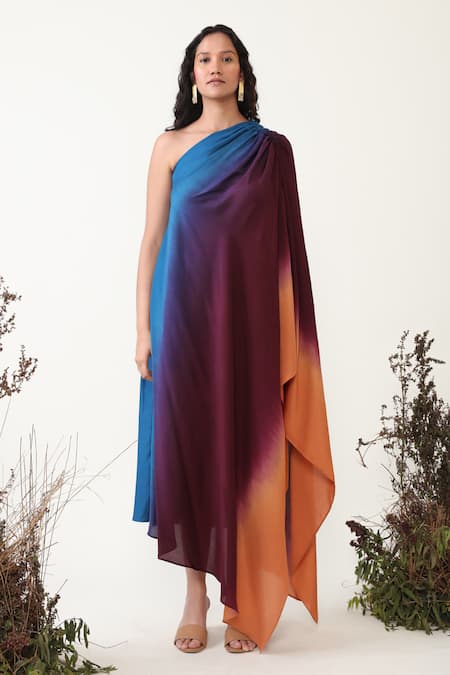 Chambray & CO._Blue Silk One Shoulder Ilana Ombre Kaftan Dress _Online_at_Aza_Fashions