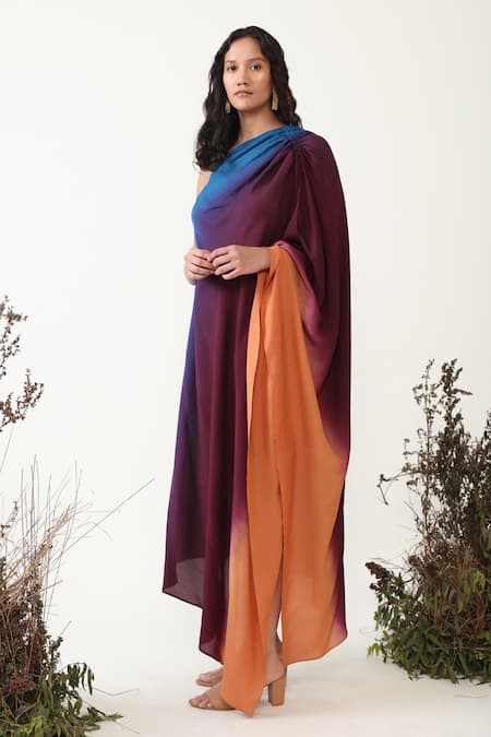 Buy_Chambray & CO._Blue Silk One Shoulder Ilana Ombre Kaftan Dress _Online_at_Aza_Fashions