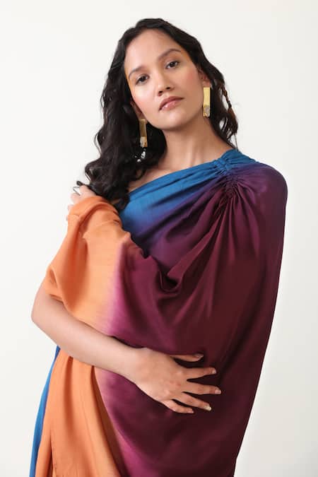 Shop_Chambray & CO._Blue Silk One Shoulder Ilana Ombre Kaftan Dress _Online_at_Aza_Fashions