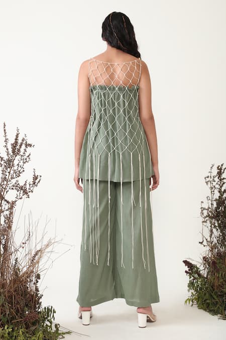 Shop Chambray & CO. Green Cotton Ruffles Off-shoulder Olive Ruched Top And High Waisted Pant Set at Aza Fashions Shop_Chambray & CO._Green Cotton Ruffles Off-shoulder Olive Ruched Top And High Waisted Pant Set _at_Aza_Fashions