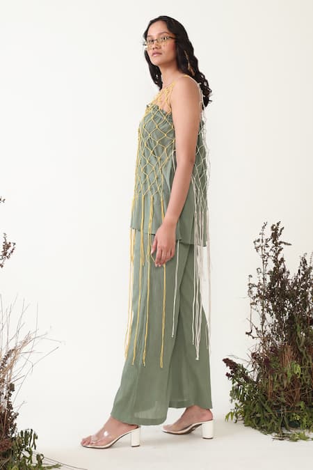 Chambray & CO. Green Cotton Ruffles Off-shoulder Olive Ruched Top And High Waisted Pant Set Online at Aza Fashions Chambray & CO._Green Cotton Ruffles Off-shoulder Olive Ruched Top And High Waisted Pant Set _Online_at_Aza_Fashions