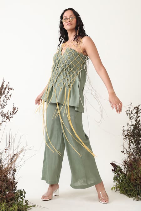 Buy Chambray & CO. Green Cotton Ruffles Off-shoulder Olive Ruched Top And High Waisted Pant Set Online at Aza Fashions Buy_Chambray & CO._Green Cotton Ruffles Off-shoulder Olive Ruched Top And High Waisted Pant Set _Online_at_Aza_Fashions