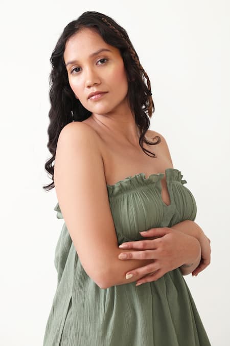 Chambray & CO. Green Cotton Ruffles Off-shoulder Olive Ruched Top And High Waisted Pant Set at Aza Fashions Chambray & CO._Green Cotton Ruffles Off-shoulder Olive Ruched Top And High Waisted Pant Set _at_Aza_Fashions