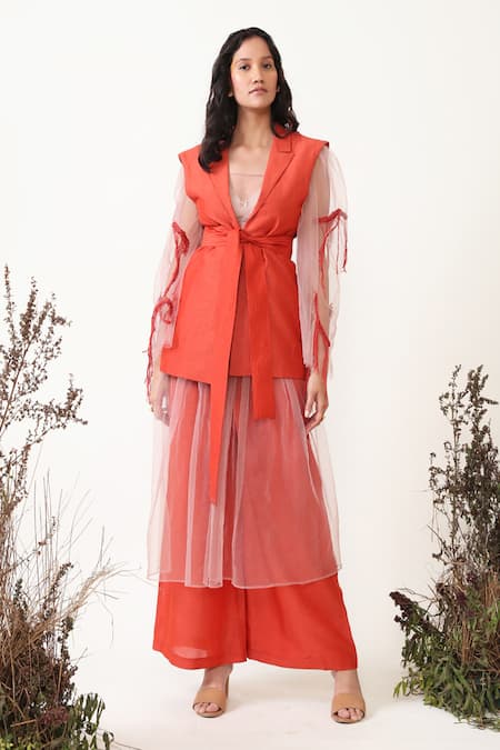 Chambray & CO. Orange Linen, Silk, Tencel, Tulle Embroidery Laurel Sheer Dress With Pant Set