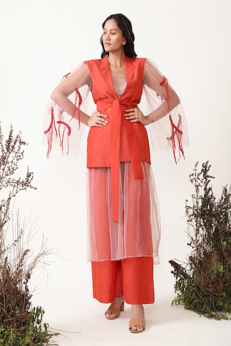 Chambray & CO. Orange Linen, Silk, Tencel, Tulle Embroidery Laurel Sheer Dress With Pant Set Online at Aza Fashions Chambray & CO._Orange Linen, Silk, Tencel, Tulle Embroidery Laurel Sheer Dress With Pant Set _Online_at_Aza_Fashions