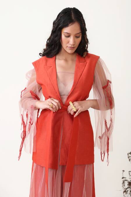 Buy Chambray & CO. Orange Linen, Silk, Tencel, Tulle Embroidery Laurel Sheer Dress With Pant Set Online at Aza Fashions Buy_Chambray & CO._Orange Linen, Silk, Tencel, Tulle Embroidery Laurel Sheer Dress With Pant Set _Online_at_Aza_Fashions