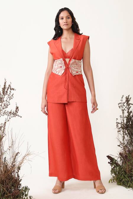 Shop Chambray & CO. Orange Linen, Silk, Tencel, Tulle Embroidery Laurel Sheer Dress With Pant Set Online at Aza Fashions Shop_Chambray & CO._Orange Linen, Silk, Tencel, Tulle Embroidery Laurel Sheer Dress With Pant Set _Online_at_Aza_Fashions