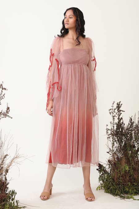 Chambray & CO. Orange Linen, Silk, Tencel, Tulle Embroidery Laurel Sheer Dress With Pant Set at Aza Fashions Chambray & CO._Orange Linen, Silk, Tencel, Tulle Embroidery Laurel Sheer Dress With Pant Set _at_Aza_Fashions
