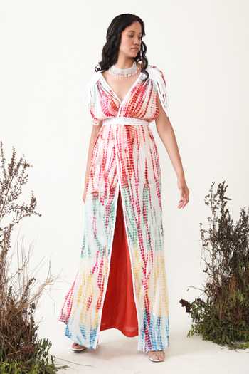 Chambray & Co._Multi Color Cotton, Georgette, Linen V-neck Suzette Shibori Dyed Dress With Pant _Online_at_Aza_Fashions