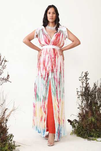 Buy_Chambray & Co._Multi Color Cotton, Georgette, Linen V-neck Suzette Shibori Dyed Dress With Pant _Online_at_Aza_Fashions