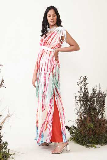 Shop_Chambray & Co._Multi Color Cotton, Georgette, Linen V-neck Suzette Shibori Dyed Dress With Pant _Online_at_Aza_Fashions