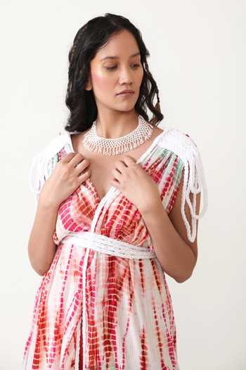 Chambray & Co._Multi Color Cotton, Georgette, Linen V-neck Suzette Shibori Dyed Dress With Pant _at_Aza_Fashions