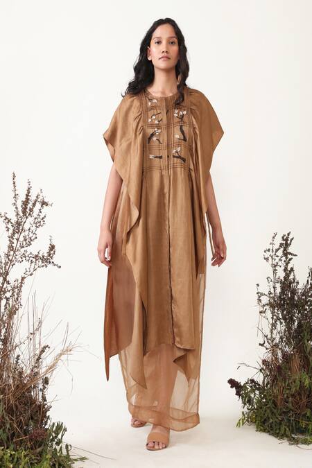 Chambray & CO. Brown Silk, Linen, Organza Embroidery Round Tuva Thread Kaftan Dress With Pant Online at Aza Fashions Chambray & CO._Brown Silk, Linen, Organza Embroidery Round Tuva Thread Kaftan Dress With Pant _Online_at_Aza_Fashions