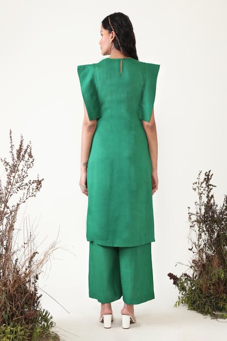 Shop Chambray & CO. Green Linen, Silk Embroidery Round Neck Damia Overlapped Kurta And Pant Set at Aza Fashions Shop_Chambray & CO._Green Linen, Silk Embroidery Round Neck Damia Overlapped Kurta And Pant Set _at_Aza_Fashions