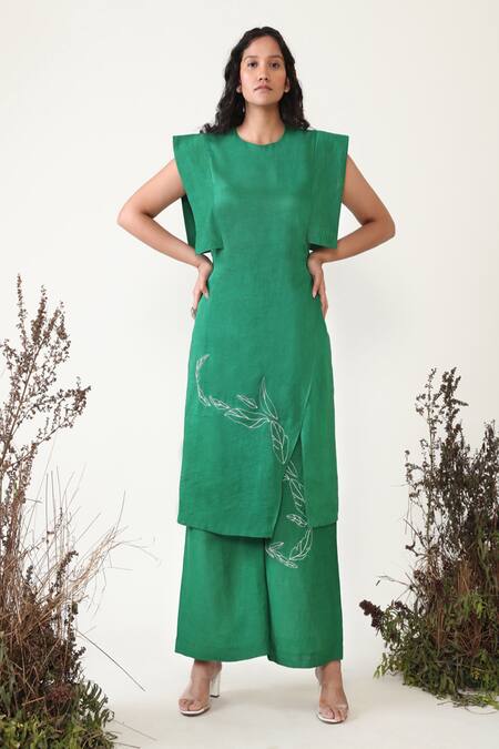 Buy Chambray & CO. Green Linen, Silk Embroidery Round Neck Damia Overlapped Kurta And Pant Set Online at Aza Fashions Buy_Chambray & CO._Green Linen, Silk Embroidery Round Neck Damia Overlapped Kurta And Pant Set _Online_at_Aza_Fashions