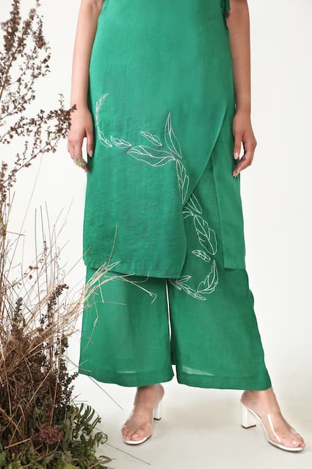 Shop Chambray & CO. Green Linen, Silk Embroidery Round Neck Damia Overlapped Kurta And Pant Set Online at Aza Fashions Shop_Chambray & CO._Green Linen, Silk Embroidery Round Neck Damia Overlapped Kurta And Pant Set _Online_at_Aza_Fashions