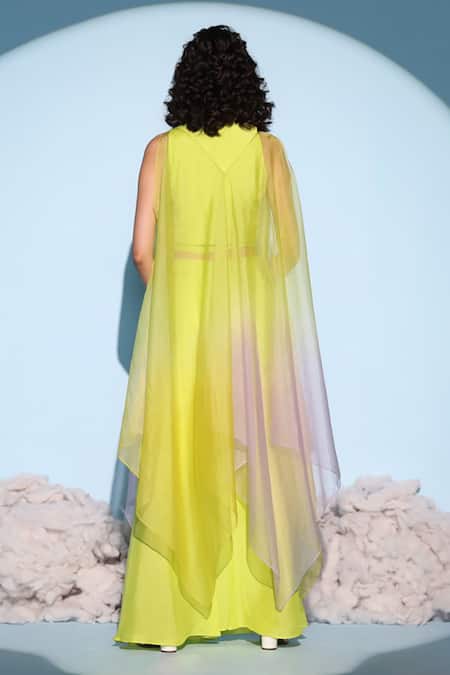 Shop Chambray & CO. Green Silk, Organza V-neck Lime Asymmetric Ombre Jacket And Pant Set at Aza Fashions Shop_Chambray & CO._Green Silk, Organza V-neck Lime Asymmetric Ombre Jacket And Pant Set _at_Aza_Fashions