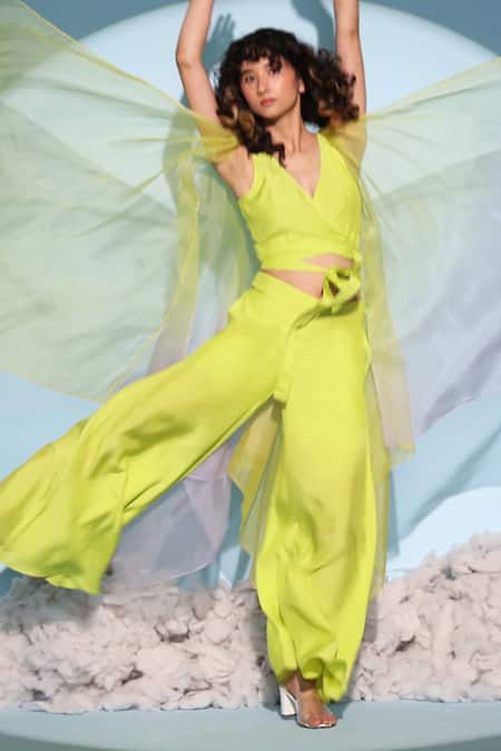 Buy Chambray & CO. Green Silk, Organza V-neck Lime Asymmetric Ombre Jacket And Pant Set Online at Aza Fashions Buy_Chambray & CO._Green Silk, Organza V-neck Lime Asymmetric Ombre Jacket And Pant Set _Online_at_Aza_Fashions