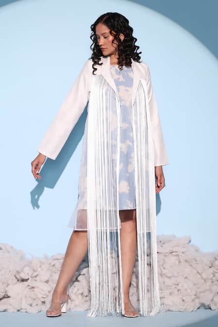 Chambray & CO. White Linen, Silk Organza Fringe Round Neck, Amaya Tie Dye Dress With Jacket