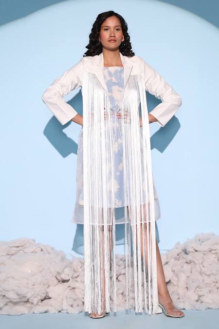 Chambray & CO._White Linen, Silk Organza Fringe Round Neck, Amaya Tie Dye Dress With Jacket _Online_at_Aza_Fashions