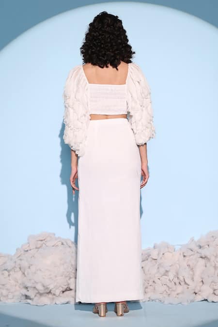 Shop Chambray & CO. White Net, Cotton Embroidery Round Neck, Tuuli Floral Overlay With Skirt Set at Aza Fashions Shop_Chambray & CO._White Net, Cotton Embroidery Round Neck, Tuuli Floral Overlay With Skirt Set _at_Aza_Fashions