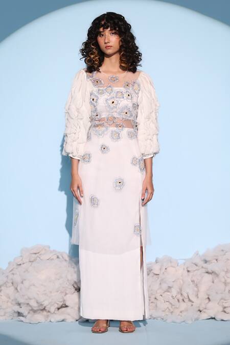 Chambray & CO. White Net, Cotton Embroidery Round Neck, Tuuli Floral Overlay With Skirt Set Online at Aza Fashions Chambray & CO._White Net, Cotton Embroidery Round Neck, Tuuli Floral Overlay With Skirt Set _Online_at_Aza_Fashions