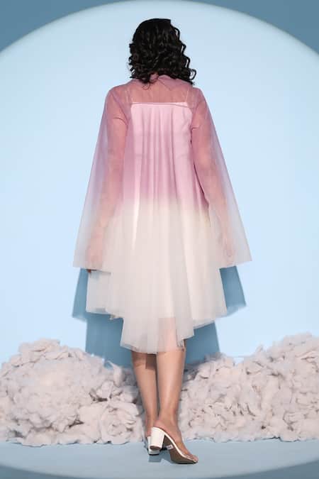 Shop Chambray & CO. White Handloom Cotton, Silk, Net Scoop Neck, Azure Slip Dress With Ombre Jacket at Aza Fashions Shop_Chambray & CO._White Handloom Cotton, Silk, Net Scoop Neck, Azure Slip Dress With Ombre Jacket _at_Aza_Fashions