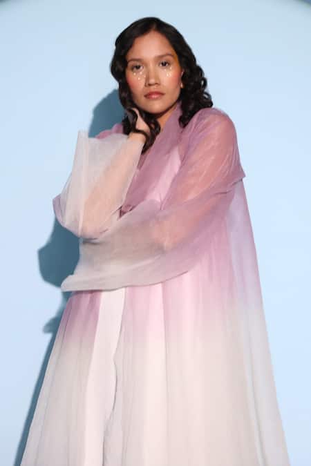 Chambray & CO. White Handloom Cotton, Silk, Net Scoop Neck, Azure Slip Dress With Ombre Jacket at Aza Fashions Chambray & CO._White Handloom Cotton, Silk, Net Scoop Neck, Azure Slip Dress With Ombre Jacket _at_Aza_Fashions