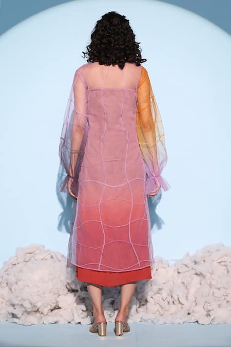 Shop Chambray & CO. Multi Color Silk, Cotton V-neck Aire Ombre Dyed Dress Set at Aza Fashions Shop_Chambray & CO._Multi Color Silk, Cotton V-neck Aire Ombre Dyed Dress Set _at_Aza_Fashions