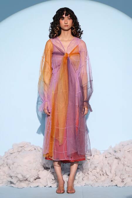 Chambray & CO. Multi Color Silk, Cotton V-neck Aire Ombre Dyed Dress Set Online at Aza Fashions Chambray & CO._Multi Color Silk, Cotton V-neck Aire Ombre Dyed Dress Set _Online_at_Aza_Fashions