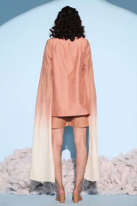 Shop Chambray & CO. Beige Organza, Linen, Fei Split Cascading Sleeve Blazer And Shorts Set at Aza Fashions Shop_Chambray & CO._Beige Organza, Linen, Fei Split Cascading Sleeve Blazer And Shorts Set _at_Aza_Fashions