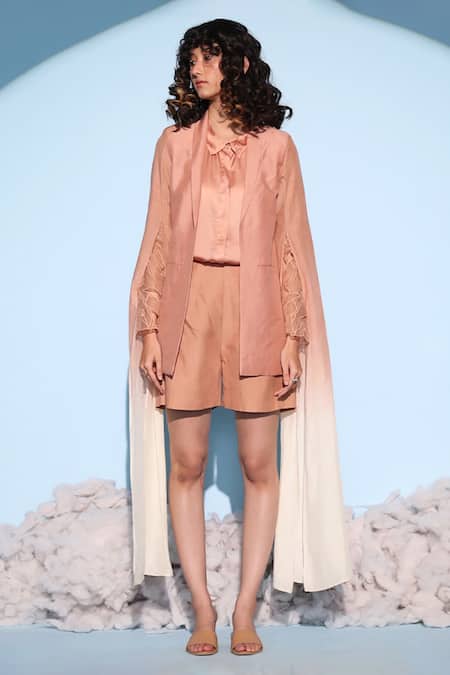 Chambray & CO. Beige Organza, Linen, Fei Split Cascading Sleeve Blazer And Shorts Set Online at Aza Fashions Chambray & CO._Beige Organza, Linen, Fei Split Cascading Sleeve Blazer And Shorts Set _Online_at_Aza_Fashions