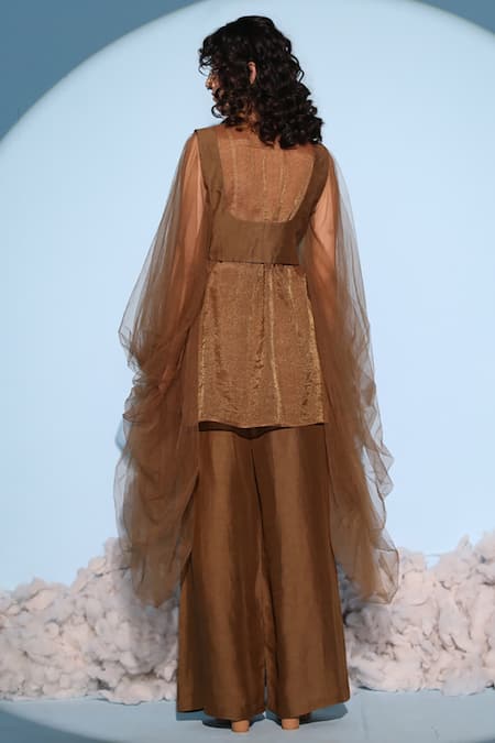 Shop Chambray & CO. Brown Silk, Linen, Tencel Round Neck Neven Shirt Pant Set at Aza Fashions Shop_Chambray & CO._Brown Silk, Linen, Tencel Round Neck Neven Shirt Pant Set _at_Aza_Fashions