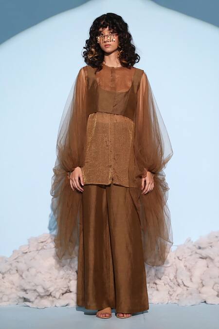 Buy Chambray & CO. Brown Silk, Linen, Tencel Round Neck Neven Shirt Pant Set Online at Aza Fashions Buy_Chambray & CO._Brown Silk, Linen, Tencel Round Neck Neven Shirt Pant Set _Online_at_Aza_Fashions