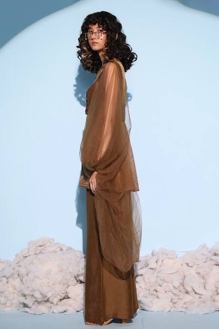 Shop Chambray & CO. Brown Silk, Linen, Tencel Round Neck Neven Shirt Pant Set Online at Aza Fashions Shop_Chambray & CO._Brown Silk, Linen, Tencel Round Neck Neven Shirt Pant Set _Online_at_Aza_Fashions