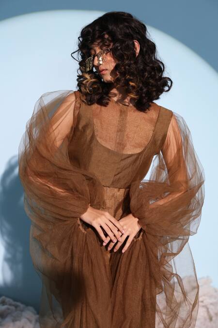 Chambray & CO. Brown Silk, Linen, Tencel Round Neck Neven Shirt Pant Set at Aza Fashions Chambray & CO._Brown Silk, Linen, Tencel Round Neck Neven Shirt Pant Set _at_Aza_Fashions