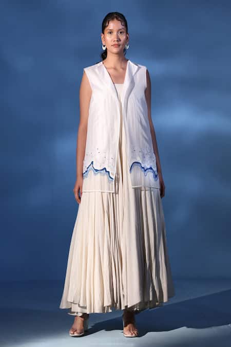 Chambray & CO. White Organza, Chanderi , Evian Solid Dress With Jacket