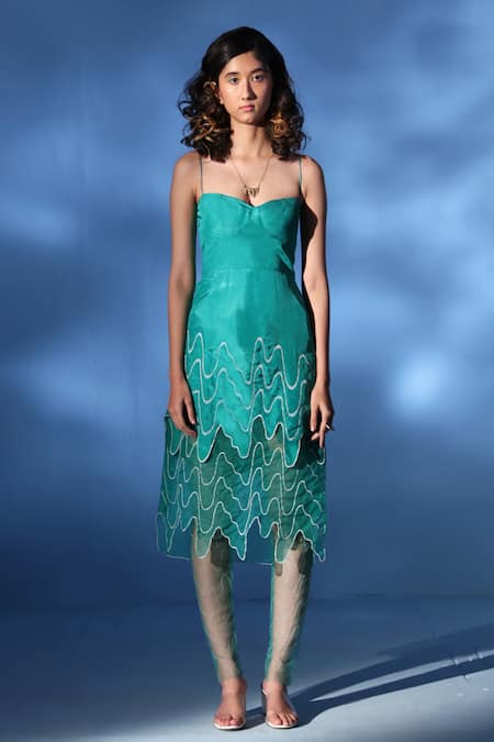 Chambray & CO._Green Silk, Tulle Embroidery Sweetheart Neck Nahla Resham Dress With Stockings _Online_at_Aza_Fashions