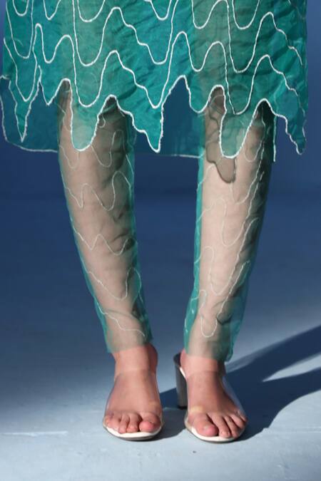 Chambray & CO._Green Silk, Tulle Embroidery Sweetheart Neck Nahla Resham Dress With Stockings _at_Aza_Fashions