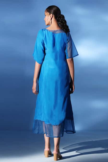 Shop Chambray & CO. Blue Organza, Embroidery High Neck Como Thread Dress at Aza Fashions Shop_Chambray & CO._Blue Organza, Embroidery High Neck Como Thread Dress _at_Aza_Fashions