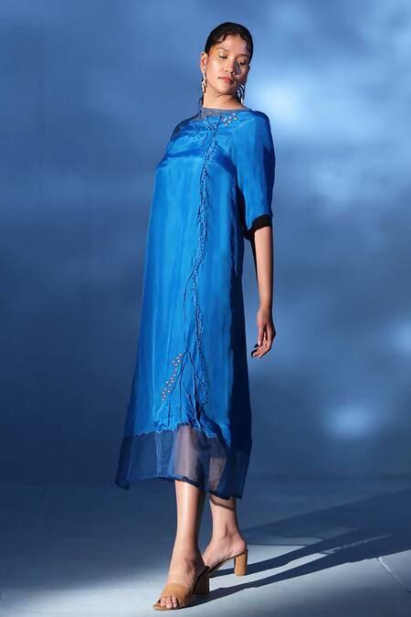 Chambray & CO. Blue Organza, Embroidery High Neck Como Thread Dress Online at Aza Fashions Chambray & CO._Blue Organza, Embroidery High Neck Como Thread Dress _Online_at_Aza_Fashions