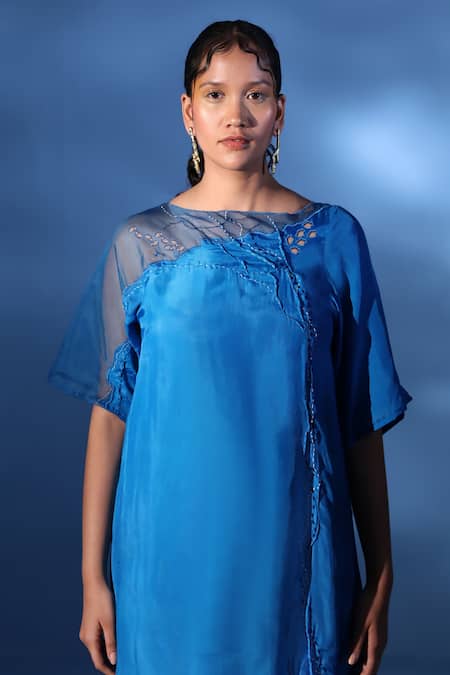 Buy Chambray & CO. Blue Organza, Embroidery High Neck Como Thread Dress Online at Aza Fashions Buy_Chambray & CO._Blue Organza, Embroidery High Neck Como Thread Dress _Online_at_Aza_Fashions
