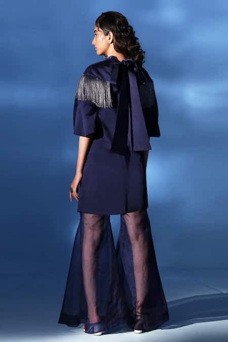Shop Chambray & CO. Blue Silk Organza Fringe, Embroidery High Neck Dress And Flared Pant Set at Aza Fashions Shop_Chambray & CO._Blue Silk Organza Fringe, Embroidery High Neck Dress And Flared Pant Set _at_Aza_Fashions