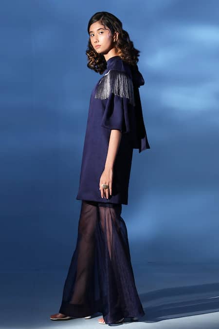 Buy Chambray & CO. Blue Silk Organza Fringe, Embroidery High Neck Dress And Flared Pant Set Online at Aza Fashions Buy_Chambray & CO._Blue Silk Organza Fringe, Embroidery High Neck Dress And Flared Pant Set _Online_at_Aza_Fashions