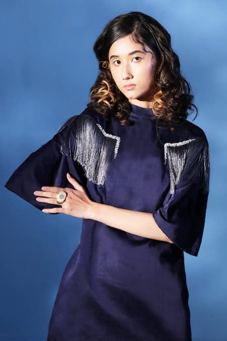 Shop Chambray & CO. Blue Silk Organza Fringe, Embroidery High Neck Dress And Flared Pant Set Online at Aza Fashions Shop_Chambray & CO._Blue Silk Organza Fringe, Embroidery High Neck Dress And Flared Pant Set _Online_at_Aza_Fashions