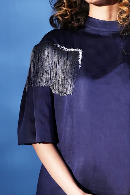 Chambray & CO. Blue Silk Organza Fringe, Embroidery High Neck Dress And Flared Pant Set at Aza Fashions Chambray & CO._Blue Silk Organza Fringe, Embroidery High Neck Dress And Flared Pant Set _at_Aza_Fashions