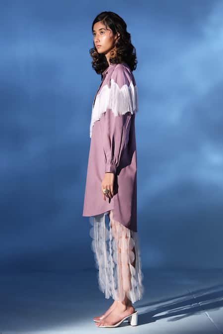 Chambray & CO._Purple Crepe, Cotton Fringe, Tassels Monroe Exaggerated Dress With Skirt _Online_at_Aza_Fashions